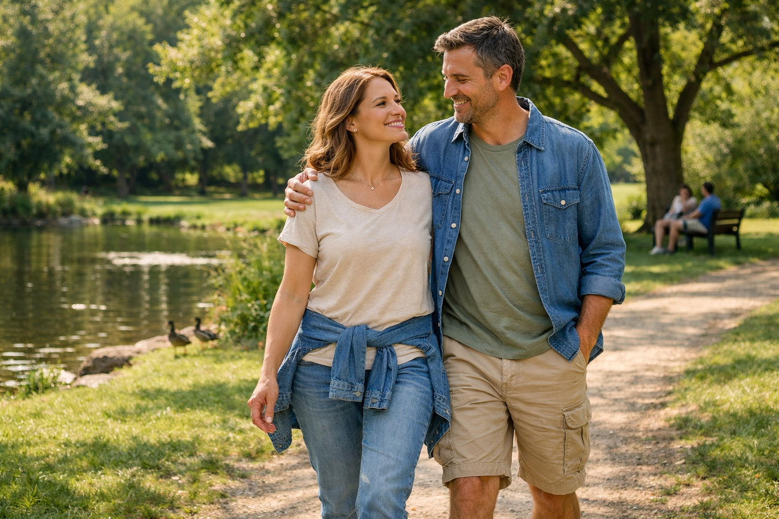 Couple taking a relaxed walk in a park after lunch, natural outdoor setting, casual comfortable clothing, gentle movement, wellness lifestyle concept